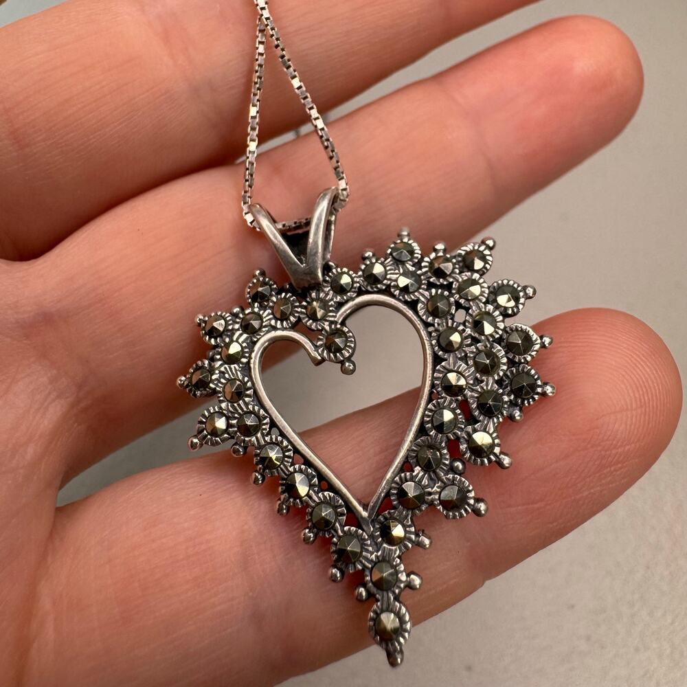 vintage 925 sterling silver marcasite heart pendant necklace italy chain 18”